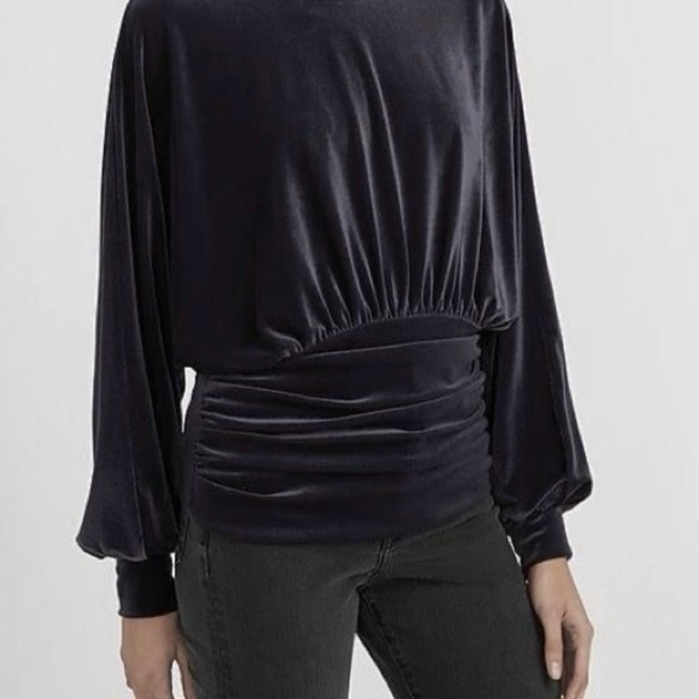 Express Velvet Cinched Banded Bottom Draped Long Sleeve Top Black Size Small